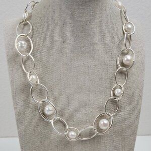 Karine Sultan Floating Pearl Necklace Silver-Tone Geometric Link 19 Inch Toggle